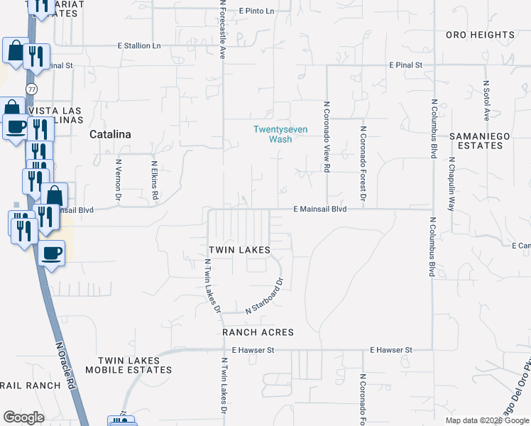 map of restaurants, bars, coffee shops, grocery stores, and more near 15965 North Starboard Drive in Tucson