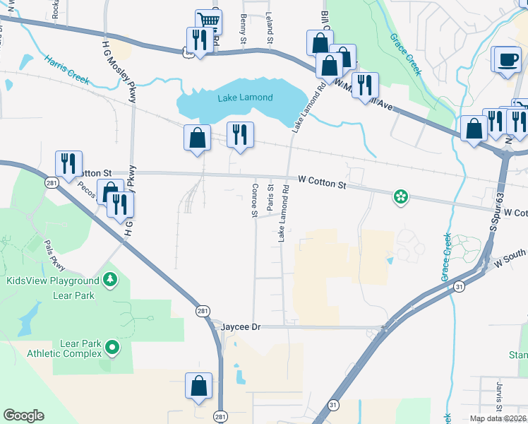map of restaurants, bars, coffee shops, grocery stores, and more near 1205 West River Oaks Drive in Longview