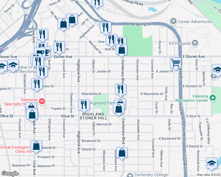 map of restaurants, bars, coffee shops, grocery stores, and more near 251 Herndon St in Shreveport