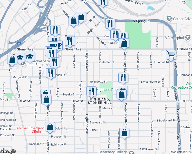 map of restaurants, bars, coffee shops, grocery stores, and more near 419 Herndon St in Shreveport