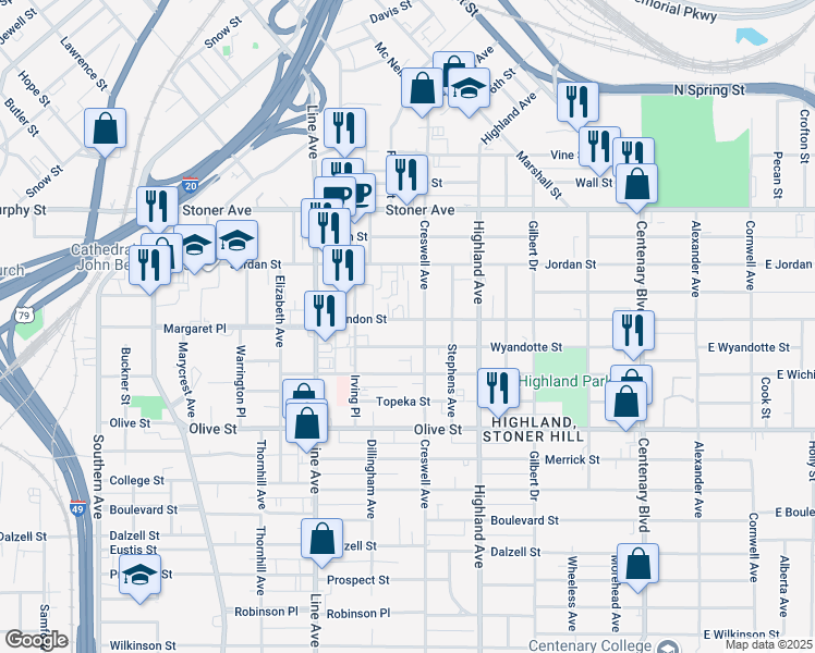 map of restaurants, bars, coffee shops, grocery stores, and more near 615 Herndon St in Shreveport