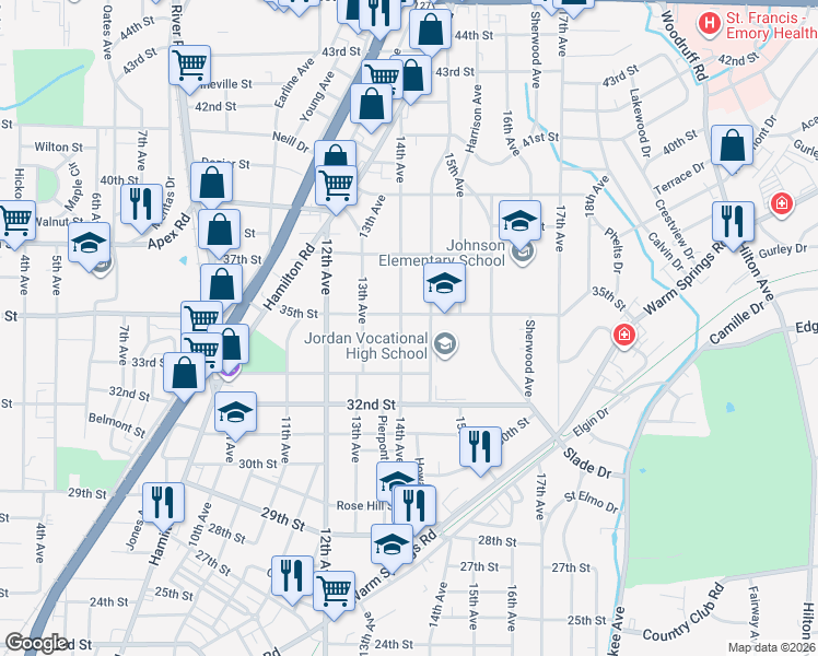 map of restaurants, bars, coffee shops, grocery stores, and more near 3413 Howard Avenue in Columbus