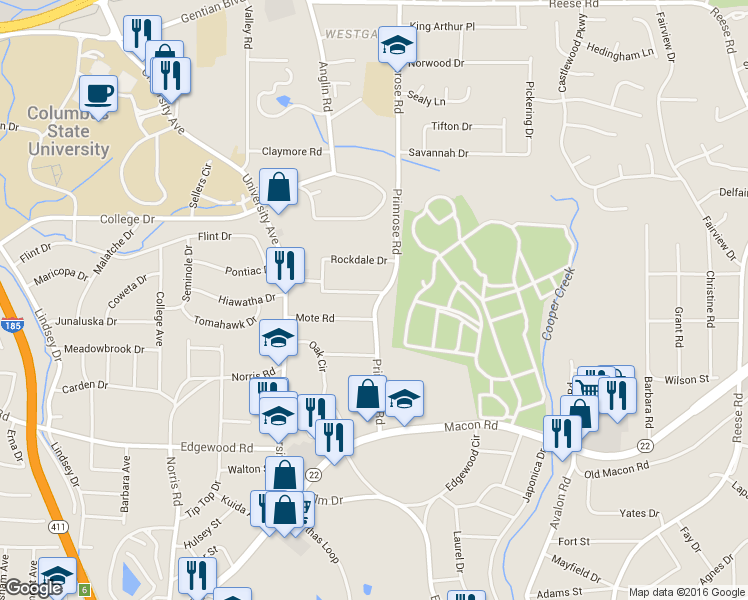 map of restaurants, bars, coffee shops, grocery stores, and more near 3836 Meadowcliff Drive in Columbus