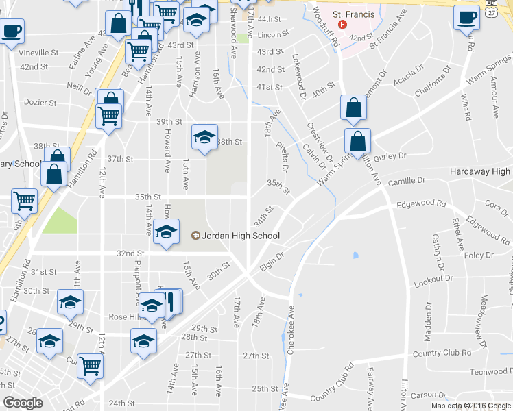 map of restaurants, bars, coffee shops, grocery stores, and more near 3430 17th Avenue in Columbus