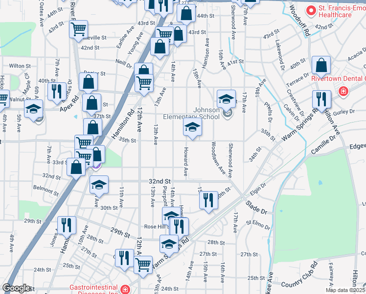 map of restaurants, bars, coffee shops, grocery stores, and more near 3413 Howard Avenue in Columbus