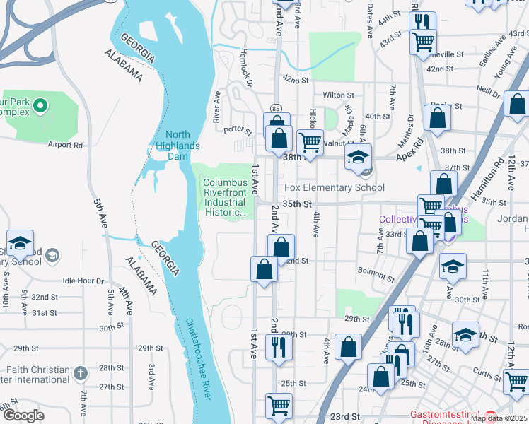 map of restaurants, bars, coffee shops, grocery stores, and more near 3333 2nd Avenue in Columbus