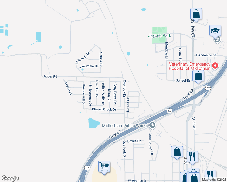 map of restaurants, bars, coffee shops, grocery stores, and more near 1317 Gray Dawn Drive in Midlothian