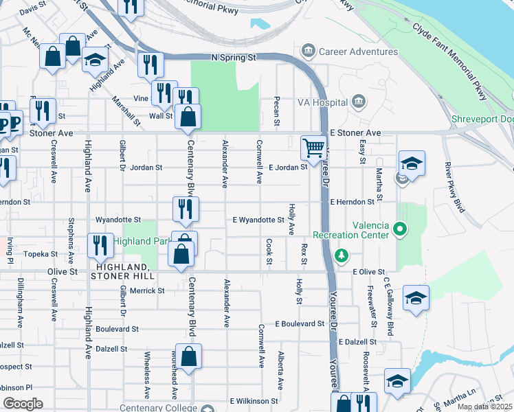 map of restaurants, bars, coffee shops, grocery stores, and more near 157 East Herndon Street in Shreveport