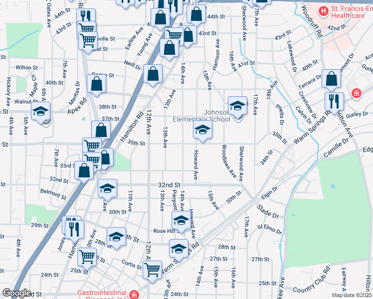 map of restaurants, bars, coffee shops, grocery stores, and more near 3413 Howard Avenue in Columbus