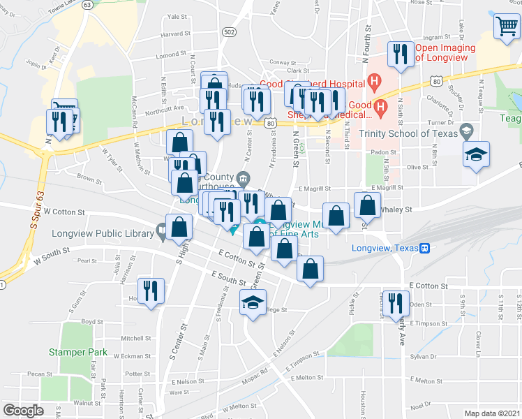 map of restaurants, bars, coffee shops, grocery stores, and more near 201 East Methvin Street in Longview