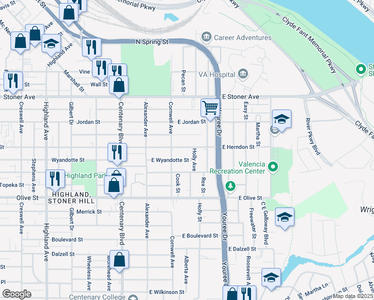 map of restaurants, bars, coffee shops, grocery stores, and more near 231 East Herndon Street in Shreveport