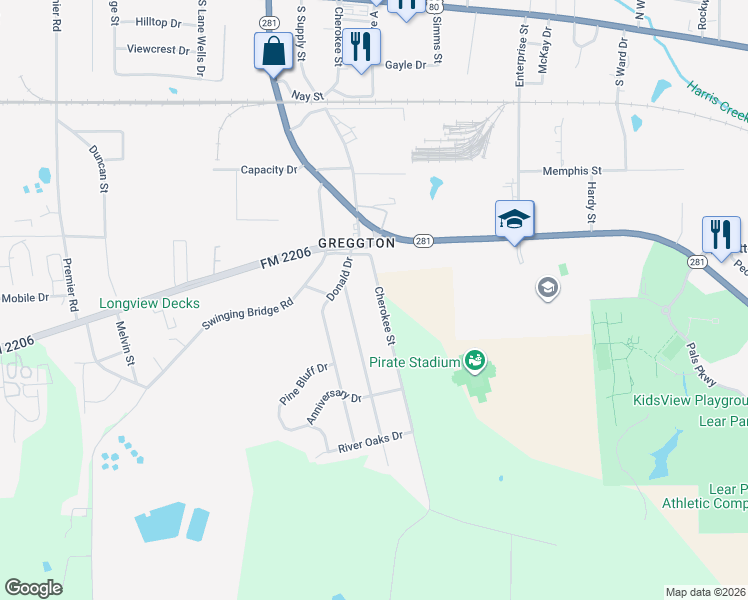 map of restaurants, bars, coffee shops, grocery stores, and more near 913 Cherokee Street in Longview