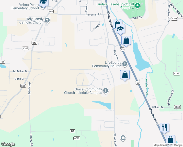 map of restaurants, bars, coffee shops, grocery stores, and more near 1408 Hannah Circle in Lindale