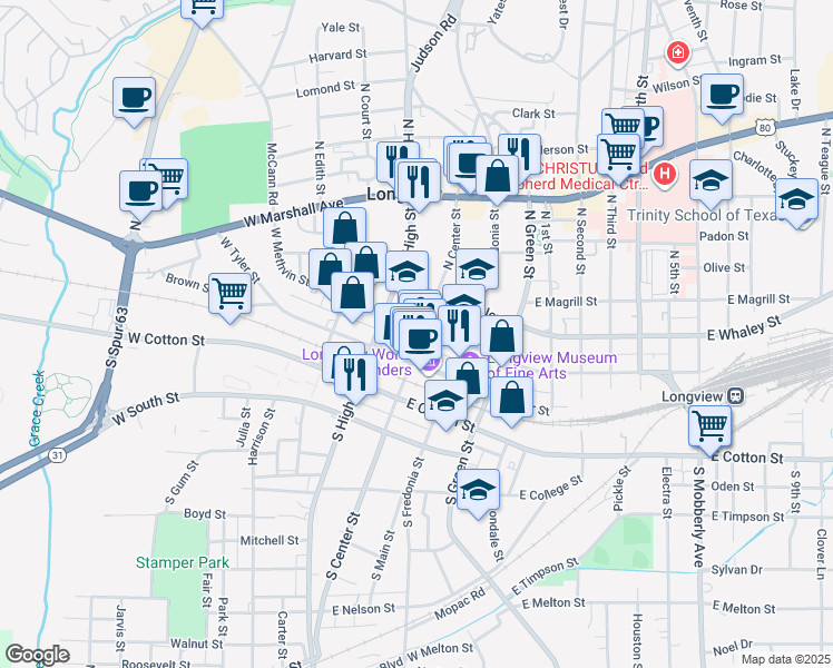 map of restaurants, bars, coffee shops, grocery stores, and more near 213 North Center Street in Longview