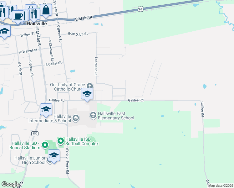 map of restaurants, bars, coffee shops, grocery stores, and more near 108 Goldeneye Lane in Hallsville