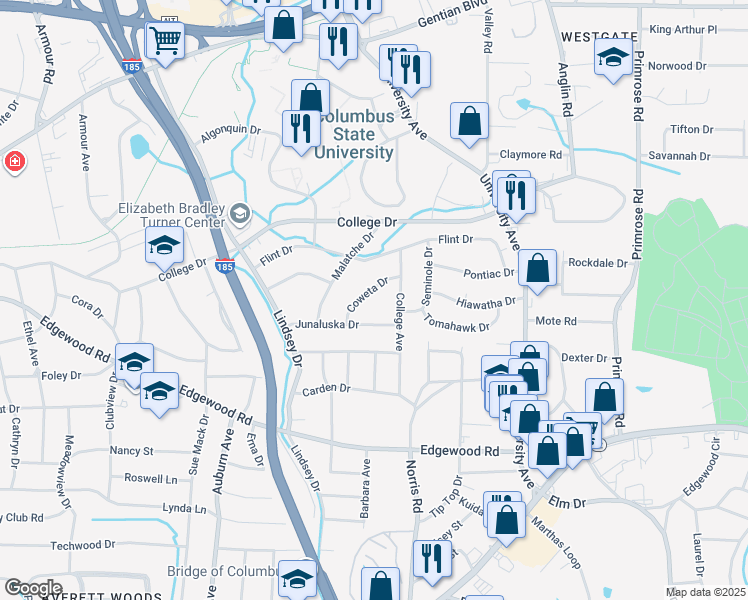 map of restaurants, bars, coffee shops, grocery stores, and more near 3340 Coweta Drive in Columbus