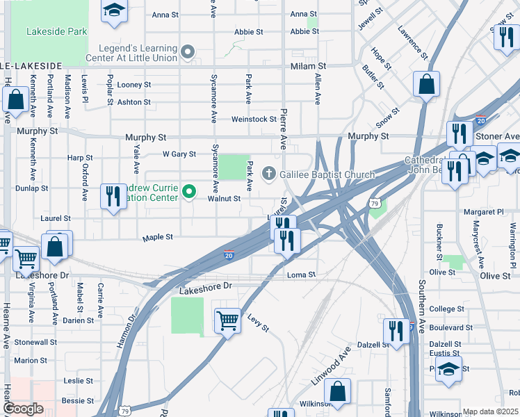 map of restaurants, bars, coffee shops, grocery stores, and more near 1500 Park Avenue in Shreveport