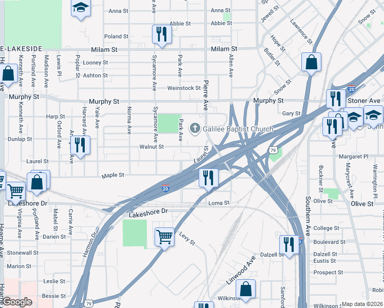 map of restaurants, bars, coffee shops, grocery stores, and more near 1600 Park Avenue in Shreveport