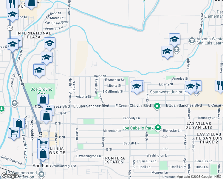 map of restaurants, bars, coffee shops, grocery stores, and more near 1128-1266 California St in San Luis
