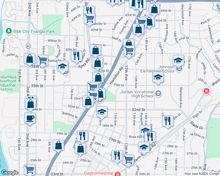 map of restaurants, bars, coffee shops, grocery stores, and more near 3404 Hamilton Road in Columbus