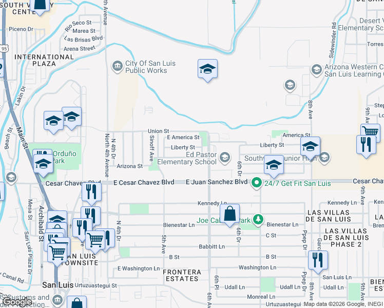 map of restaurants, bars, coffee shops, grocery stores, and more near 1230 East California Street in San Luis