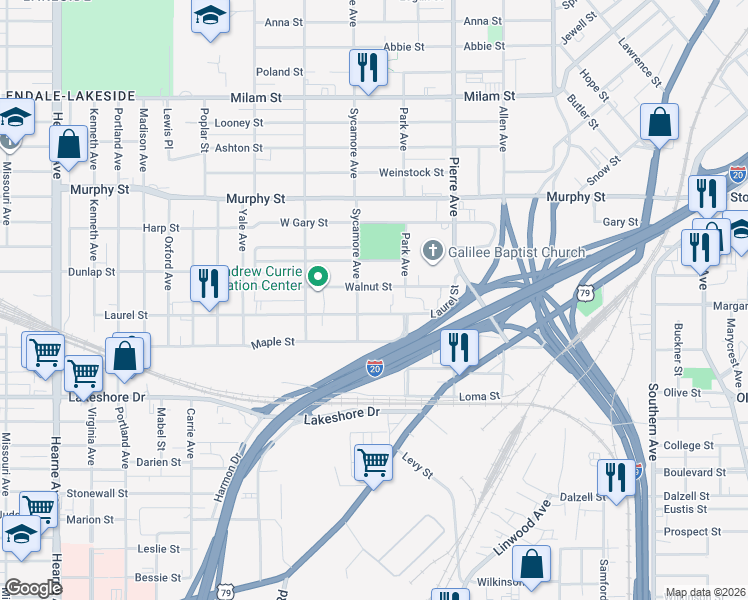 map of restaurants, bars, coffee shops, grocery stores, and more near 1730 Laurel Street in Shreveport