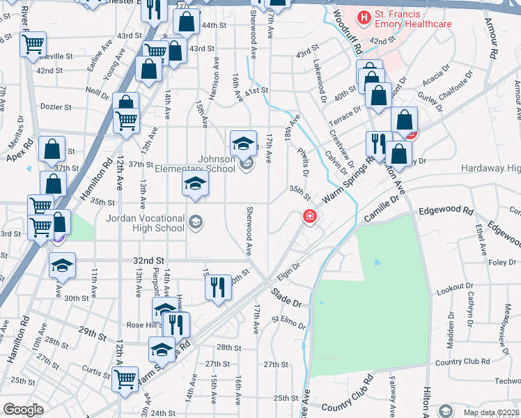 map of restaurants, bars, coffee shops, grocery stores, and more near 1620 35th Street in Columbus
