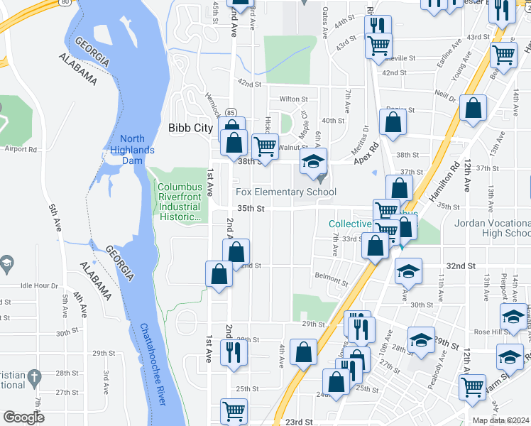 map of restaurants, bars, coffee shops, grocery stores, and more near 310 35th Street in Columbus