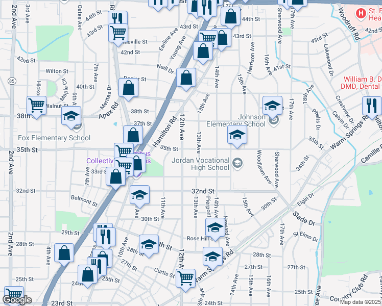 map of restaurants, bars, coffee shops, grocery stores, and more near 1208 35th Street in Columbus