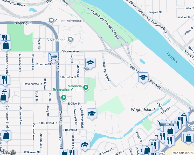 map of restaurants, bars, coffee shops, grocery stores, and more near Proposed Coates Bluff Nature Trail Extension in Shreveport
