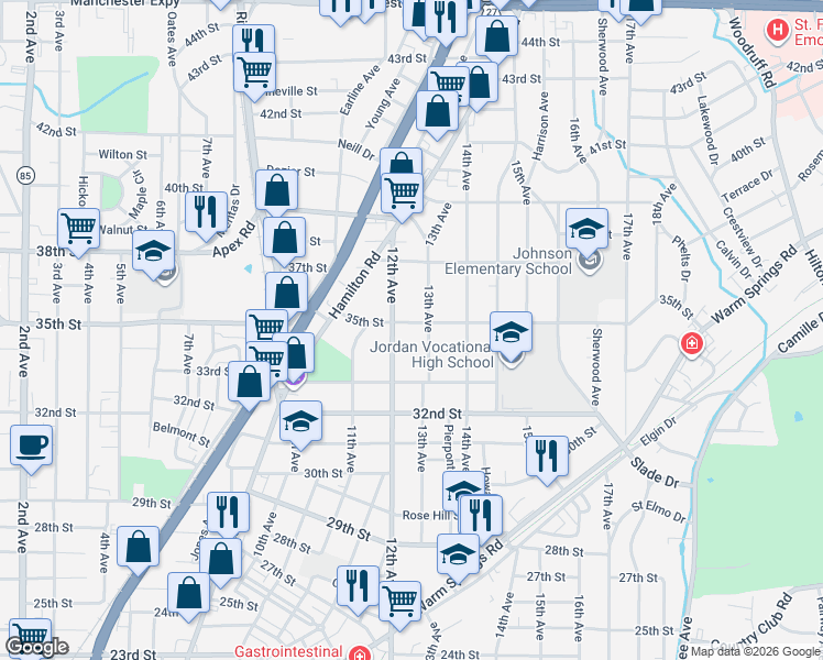 map of restaurants, bars, coffee shops, grocery stores, and more near 1208 35th Street in Columbus