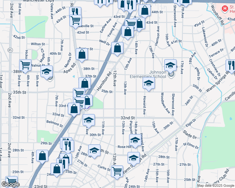 map of restaurants, bars, coffee shops, grocery stores, and more near 1208 35th Street in Columbus