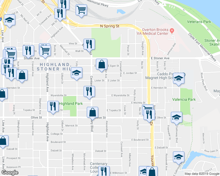 map of restaurants, bars, coffee shops, grocery stores, and more near 113 East Herndon Street in Shreveport