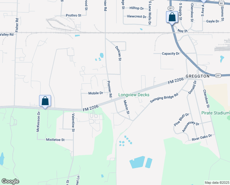 map of restaurants, bars, coffee shops, grocery stores, and more near 815 Duncan Street in Longview