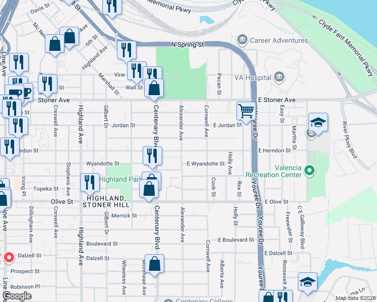 map of restaurants, bars, coffee shops, grocery stores, and more near 113 East Herndon Street in Shreveport