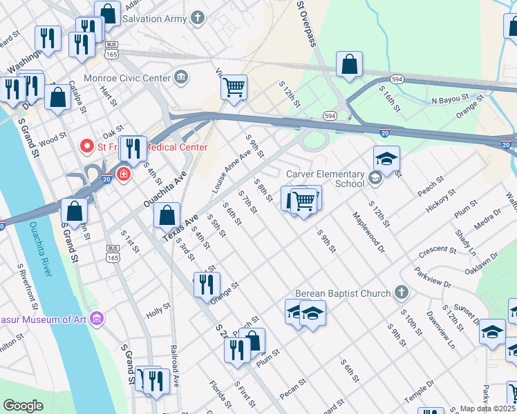 map of restaurants, bars, coffee shops, grocery stores, and more near 603 S 7th St in Monroe