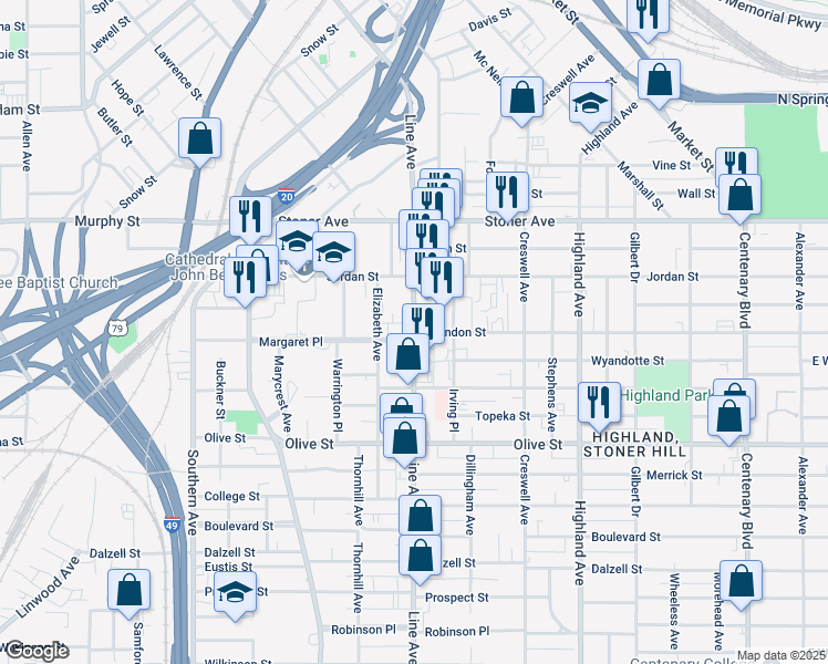 map of restaurants, bars, coffee shops, grocery stores, and more near 1699 Line Ave in Shreveport