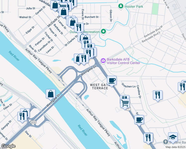 map of restaurants, bars, coffee shops, grocery stores, and more near 900 Westgate Drive in Bossier City