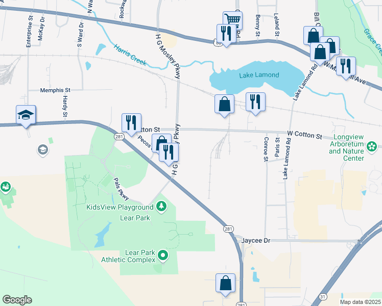 map of restaurants, bars, coffee shops, grocery stores, and more near 304 H G Mosley Parkway in Longview