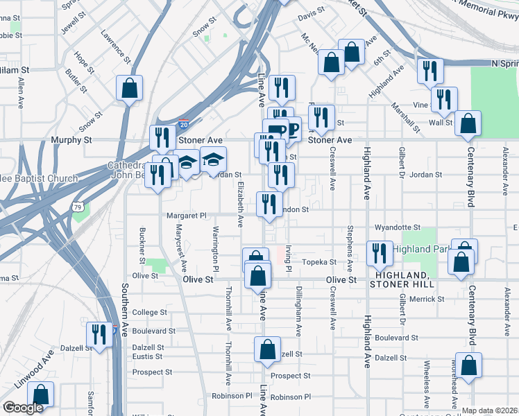 map of restaurants, bars, coffee shops, grocery stores, and more near 802 Margaret Place in Shreveport