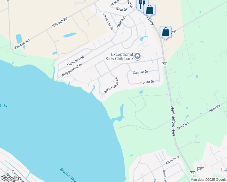 map of restaurants, bars, coffee shops, grocery stores, and more near 3821 Buena Vista Circle in Granbury