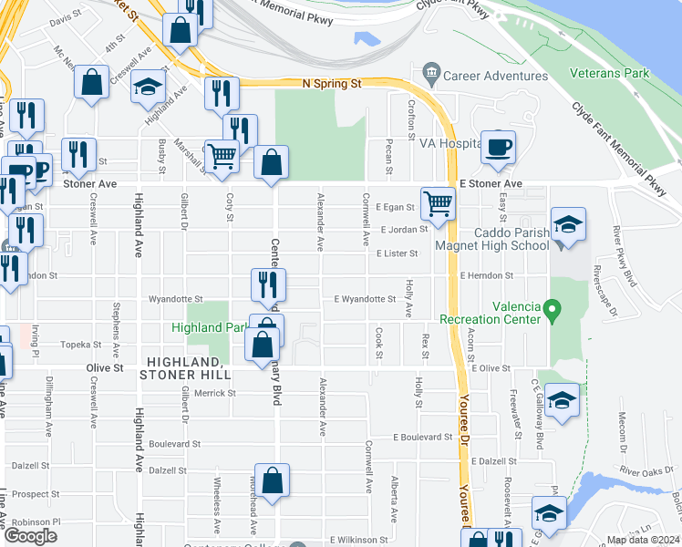 map of restaurants, bars, coffee shops, grocery stores, and more near 113 East Herndon Street in Shreveport