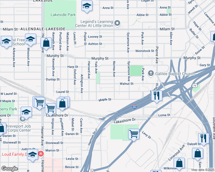 map of restaurants, bars, coffee shops, grocery stores, and more near 1500 Park Avenue in Shreveport