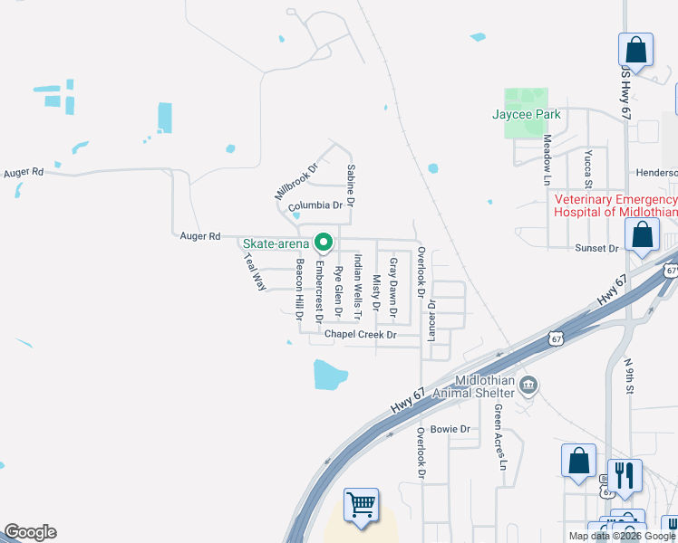 map of restaurants, bars, coffee shops, grocery stores, and more near 1417 Rye Glen Drive in Midlothian