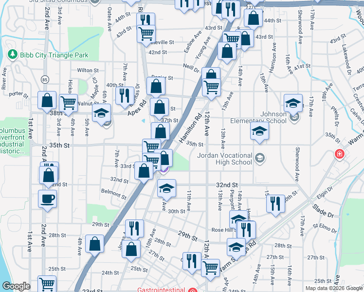 map of restaurants, bars, coffee shops, grocery stores, and more near 3404 Hamilton Road in Columbus