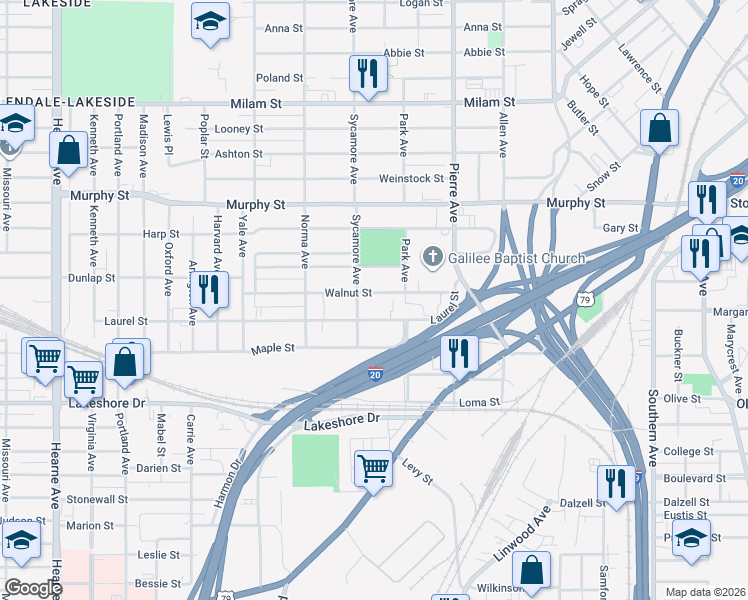 map of restaurants, bars, coffee shops, grocery stores, and more near 1730 Laurel Street in Shreveport
