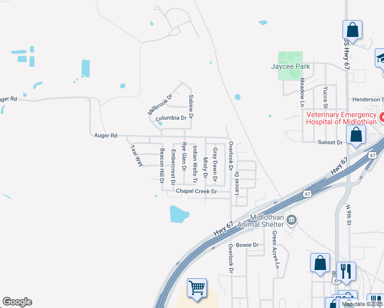 map of restaurants, bars, coffee shops, grocery stores, and more near 1405 Indian Wells Tr in Midlothian