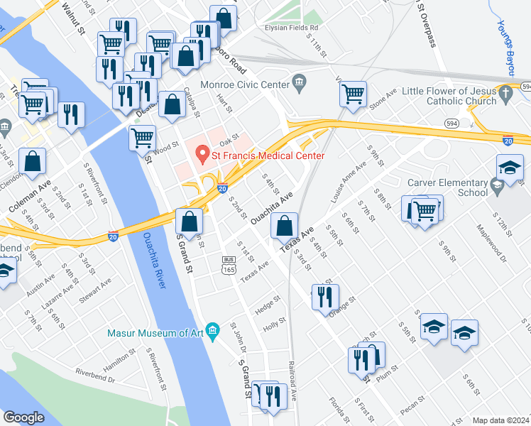 map of restaurants, bars, coffee shops, grocery stores, and more near 440 Ouachita Avenue in Monroe