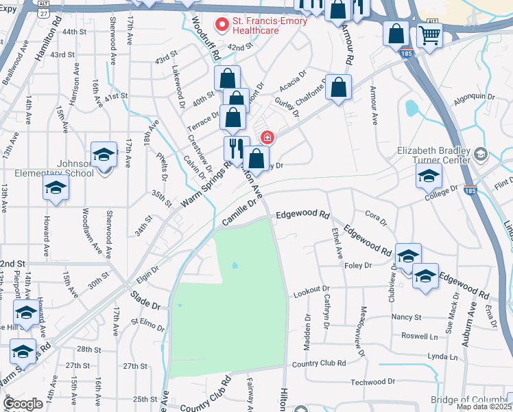map of restaurants, bars, coffee shops, grocery stores, and more near 2260 Camille Drive in Columbus
