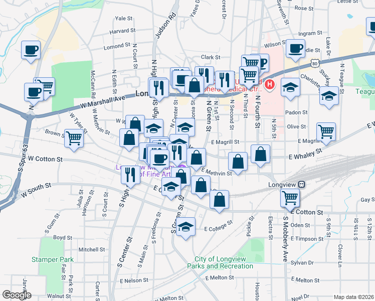 map of restaurants, bars, coffee shops, grocery stores, and more near 202 East Whaley Street in Longview